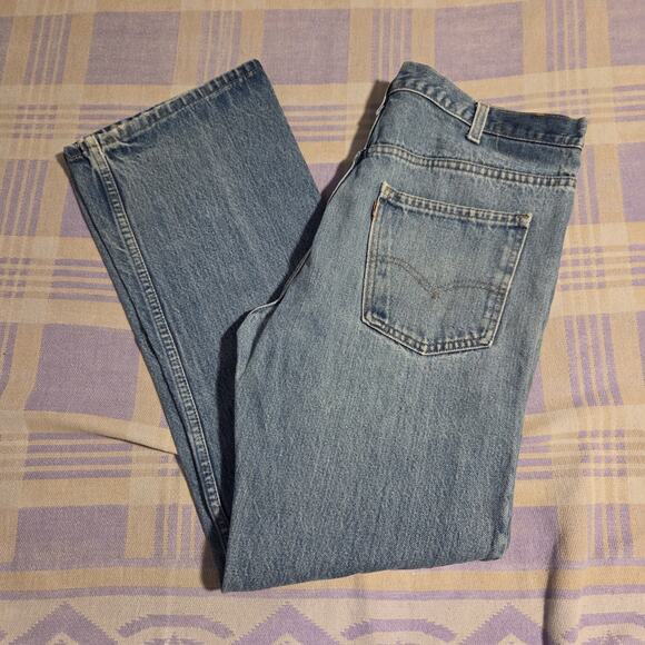 Vintage 70s Levis 517-0217 Orange Tab Jeans Size 36 x 30 Blue Distressed Talon